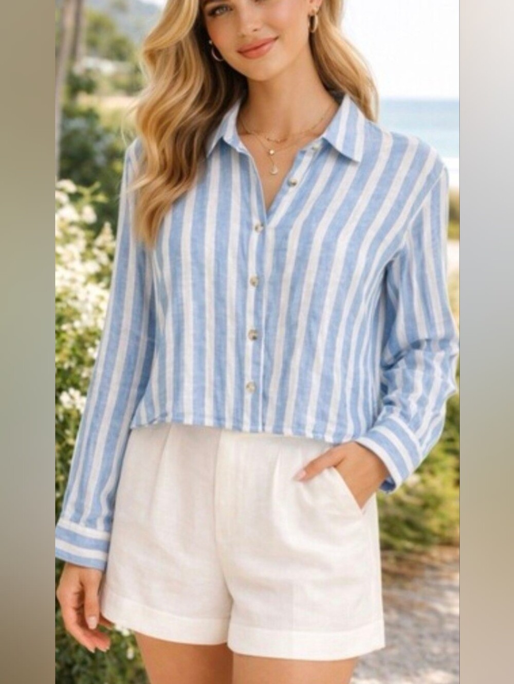Cynthia Rowley Striped Cropped Linen Button Front Shirt Blue White Breathable M